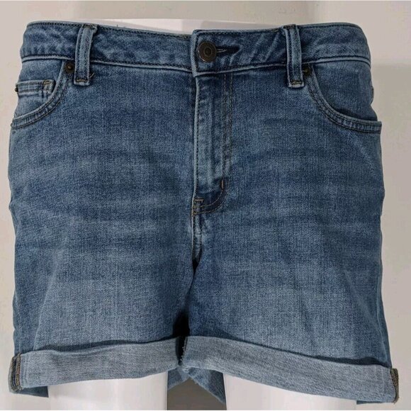 Amazon Essentials Womens 10 Blue Mid Rise Cuffed Denim Jean Shorts Whiskered - Picture 1 of 13